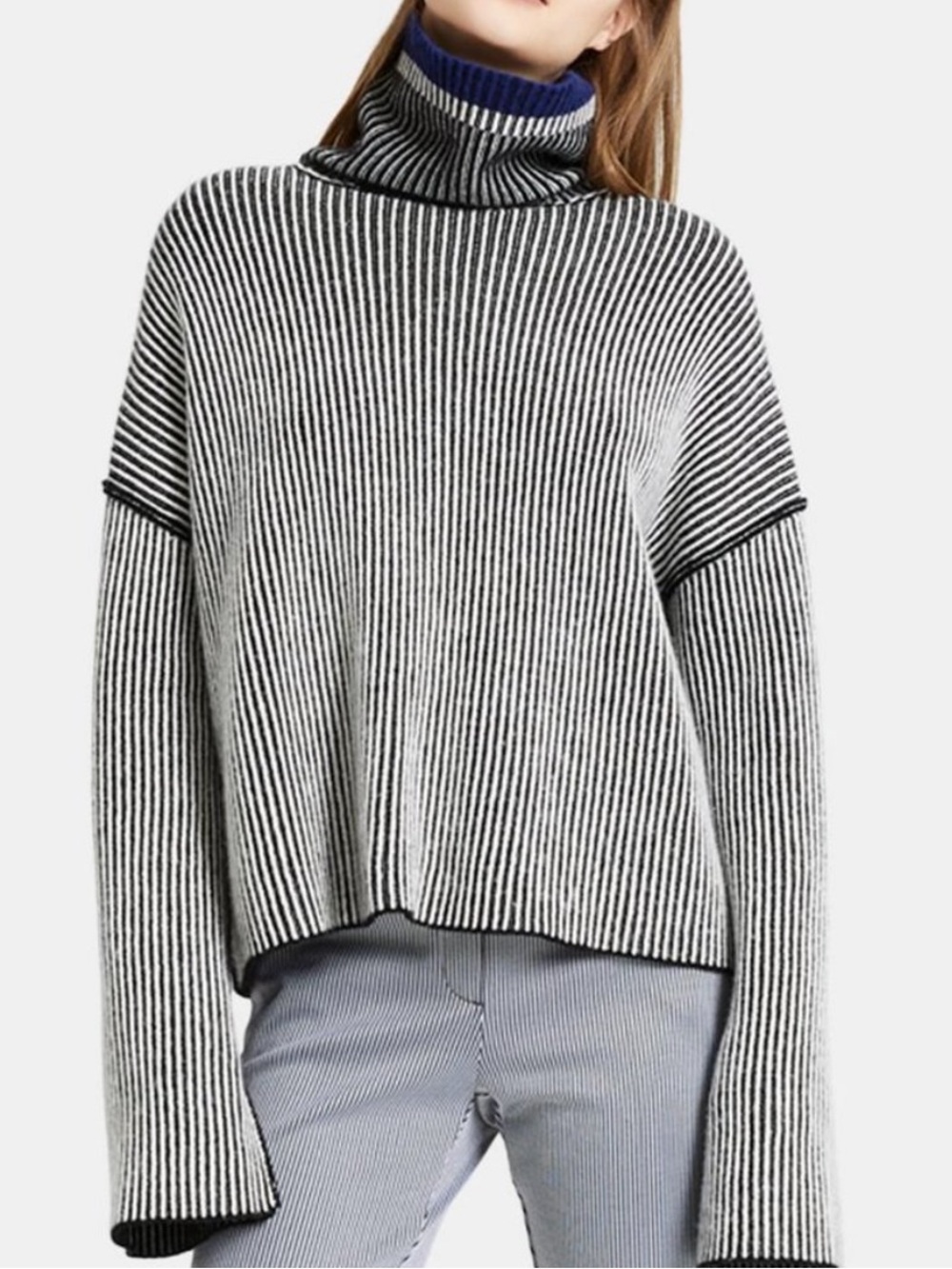 Theory || Cashmere Oversize Stripe Turtleneck Sweater Black Blue Small